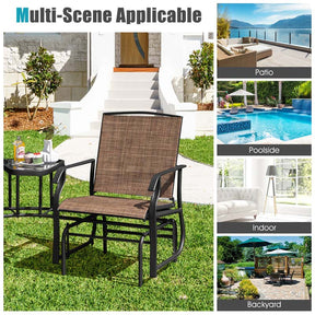 Outdoor Double Swing Glider Chair with Center Table & Umbrella Hole, 2-Person Rocking Chair & Bistro Table Set for Porch Backyard Poolside