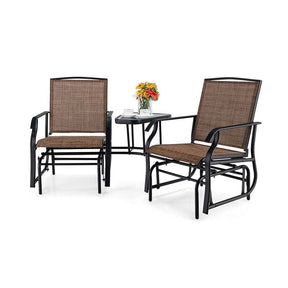 Outdoor Double Swing Glider Chair with Center Table & Umbrella Hole, 2-Person Rocking Chair & Bistro Table Set for Porch Backyard Poolside