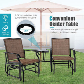 Outdoor Double Swing Glider Chair with Center Table & Umbrella Hole, 2-Person Rocking Chair & Bistro Table Set for Porch Backyard Poolside