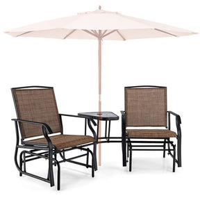Outdoor Double Swing Glider Chair with Center Table & Umbrella Hole, 2-Person Rocking Chair & Bistro Table Set for Porch Backyard Poolside