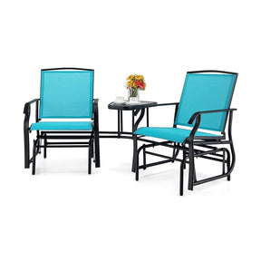 Outdoor Double Swing Glider Chair with Center Table & Umbrella Hole, 2-Person Rocking Chair & Bistro Table Set for Porch Backyard Poolside