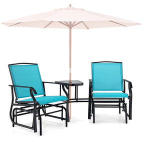 Outdoor Double Swing Glider Chair with Center Table & Umbrella Hole, 2-Person Rocking Chair & Bistro Table Set for Porch Backyard Poolside