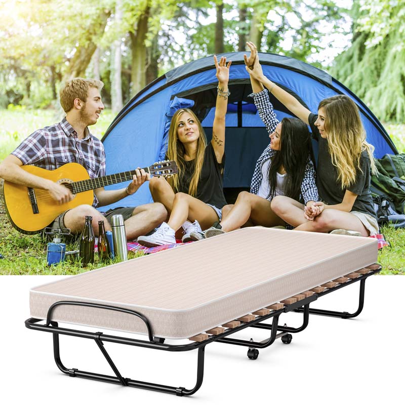 Rollaway Folding Bed with 4" Memory Foam Mattress Made in Italy, 75" x 31.5" Portable Foldable Guest Bed Cot for Adults, Sturdy Steel Frame on Wheels