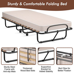 Rollaway Folding Bed with 4" Memory Foam Mattress Made in Italy, 75" x 31.5" Portable Foldable Guest Bed Cot for Adults, Sturdy Steel Frame on Wheels