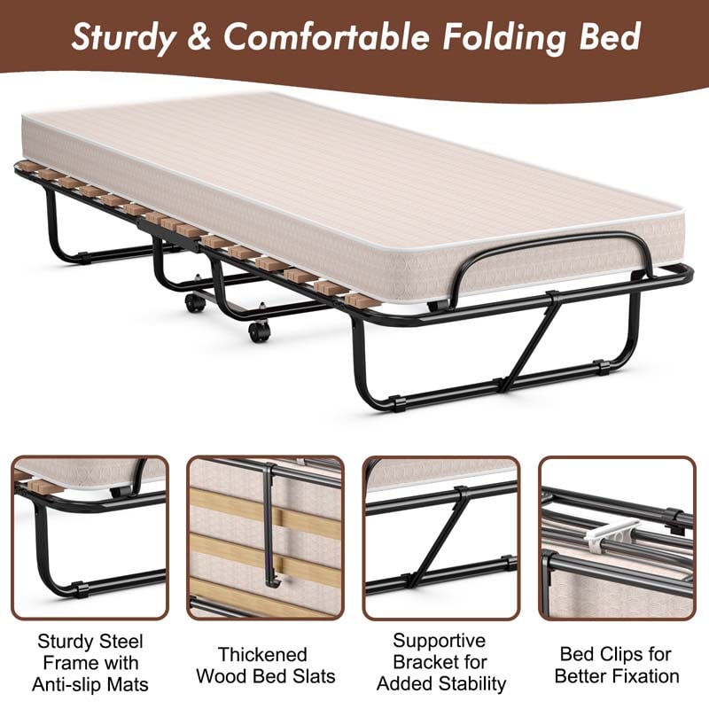 Rollaway Folding Bed with 4" Memory Foam Mattress Made in Italy, 75" x 31.5" Portable Foldable Guest Bed Cot for Adults, Sturdy Steel Frame on Wheels