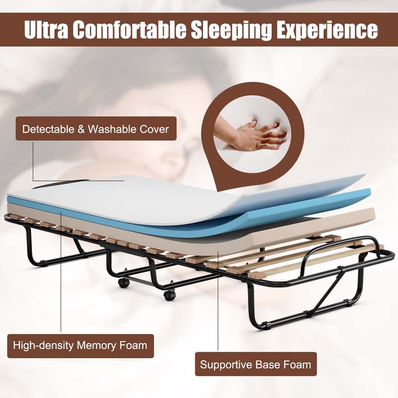 Rollaway Folding Bed with 4" Memory Foam Mattress Made in Italy, 75" x 31.5" Portable Foldable Guest Bed Cot for Adults, Sturdy Steel Frame on Wheels