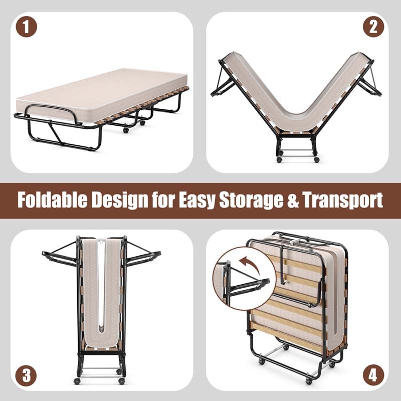 Rollaway Folding Bed with 4" Memory Foam Mattress Made in Italy, 75" x 31.5" Portable Foldable Guest Bed Cot for Adults, Sturdy Steel Frame on Wheels