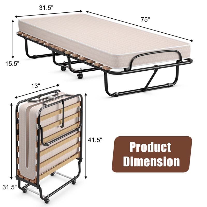 Rollaway Folding Bed with 4" Memory Foam Mattress Made in Italy, 75" x 31.5" Portable Foldable Guest Bed Cot for Adults, Sturdy Steel Frame on Wheels