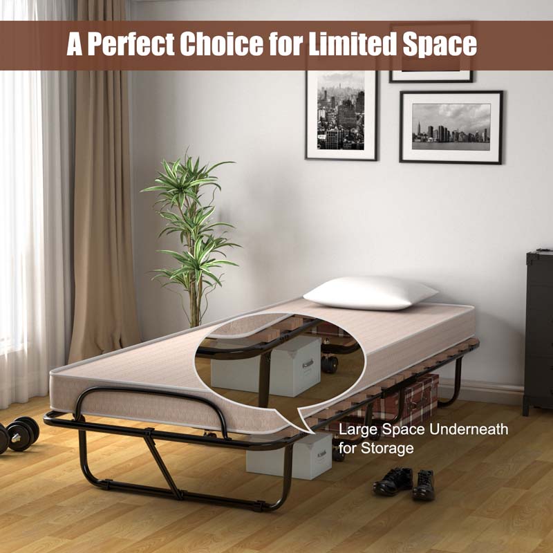 Rollaway Folding Bed with 4" Memory Foam Mattress Made in Italy, 75" x 31.5" Portable Foldable Guest Bed Cot for Adults, Sturdy Steel Frame on Wheels
