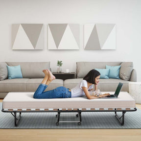 Rollaway Folding Bed with 4" Memory Foam Mattress Made in Italy, 75" x 31.5" Portable Foldable Guest Bed Cot for Adults, Sturdy Steel Frame on Wheels