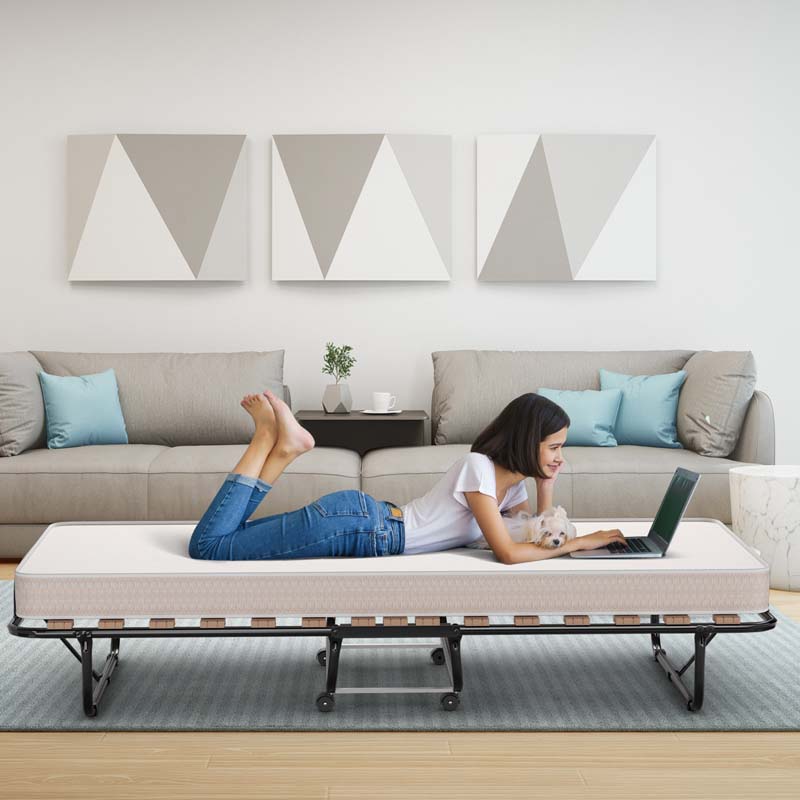 Rollaway Folding Bed with 4" Memory Foam Mattress Made in Italy, 75" x 31.5" Portable Foldable Guest Bed Cot for Adults, Sturdy Steel Frame on Wheels