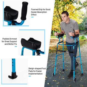 Foldable Standard Walker 440lbs Walking Mobility Aid with 5" Wheels & Removable Padded Armrests