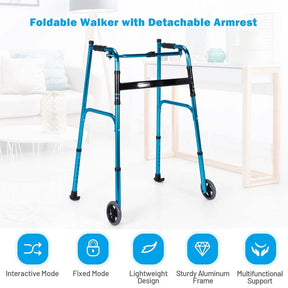 Foldable Standard Walker 440lbs Walking Mobility Aid with 5" Wheels & Removable Padded Armrests