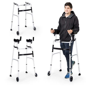 Foldable Standard Walker 440lbs Walking Mobility Aid with 5" Wheels & Removable Padded Armrests