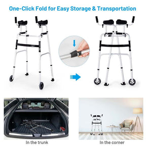 Foldable Standard Walker 440lbs Walking Mobility Aid with 5" Wheels & Removable Padded Armrests