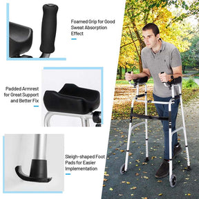 Foldable Standard Walker 440lbs Walking Mobility Aid with 5" Wheels & Removable Padded Armrests