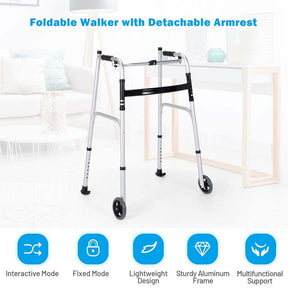 Foldable Standard Walker 440lbs Walking Mobility Aid with 5" Wheels & Removable Padded Armrests
