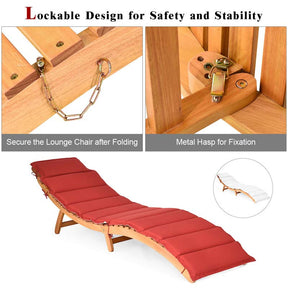 Patio Folding Wood Chaise Lounge Chair, Wooden Outdoor Sun Lounger with Cushioned Pad for Pool Beach Lawn