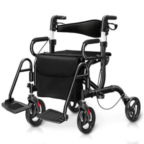 2 in 1 Folding Rollator Walker with Seat, Aluminum Medical Walker Transport Wheelchair with 8" Wheels & Bag, Mobility Walking Aid for Seniors