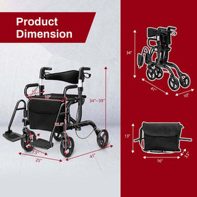 2 in 1 Folding Rollator Walker with Seat, Aluminum Medical Walker Transport Wheelchair with 8" Wheels & Bag, Mobility Walking Aid for Seniors