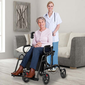 2 in 1 Folding Rollator Walker with Seat, Aluminum Medical Walker Transport Wheelchair with 8" Wheels & Bag, Mobility Walking Aid for Seniors