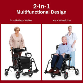 2 in 1 Folding Rollator Walker with Seat, Aluminum Medical Walker Transport Wheelchair with 8" Wheels & Bag, Mobility Walking Aid for Seniors