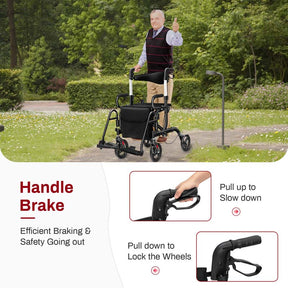 2 in 1 Folding Rollator Walker with Seat, Aluminum Medical Walker Transport Wheelchair with 8" Wheels & Bag, Mobility Walking Aid for Seniors