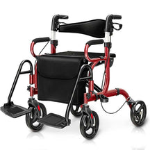 2 in 1 Folding Rollator Walker with Seat, Aluminum Medical Walker Transport Wheelchair with 8" Wheels & Bag, Mobility Walking Aid for Seniors