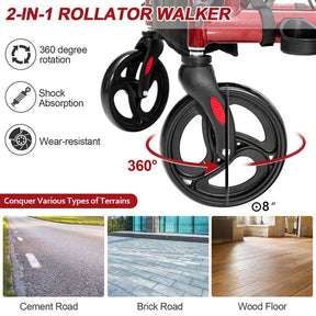 2 in 1 Folding Rollator Walker with Seat, Aluminum Medical Walker Transport Wheelchair with 8" Wheels & Bag, Mobility Walking Aid for Seniors