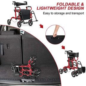 2 in 1 Folding Rollator Walker with Seat, Aluminum Medical Walker Transport Wheelchair with 8" Wheels & Bag, Mobility Walking Aid for Seniors