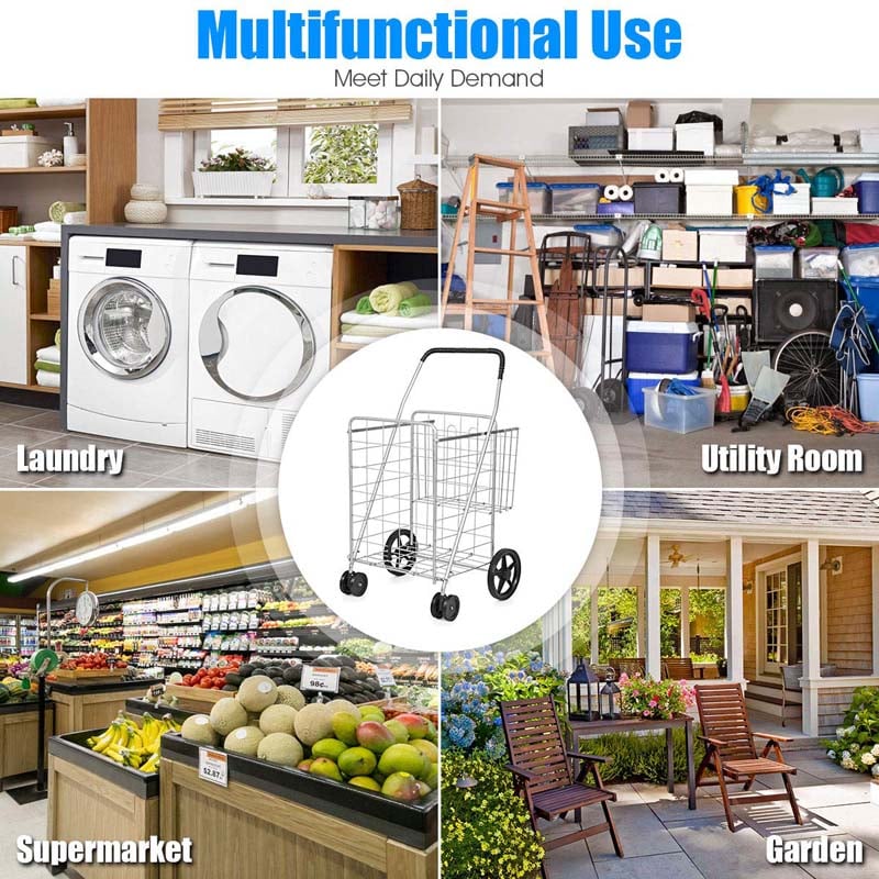 Jumbo Folding Shopping Cart Large Rolling Grocery Utility Cart with Double Basket & 360° Swivel Wheels