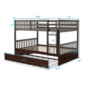 Full Over Full Bunk Bed with Trundle, Solid Wood Frame & Guardrails/Ladder, Space-Saving Bunk Bed for Adults Kids Teens, No Box Spring Needed