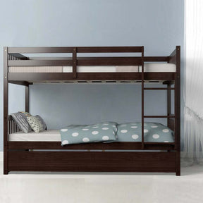 Full Over Full Bunk Bed with Trundle, Solid Wood Frame & Guardrails/Ladder, Space-Saving Bunk Bed for Adults Kids Teens, No Box Spring Needed