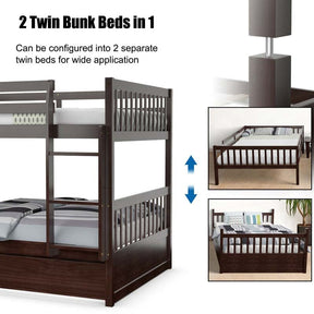 Full Over Full Bunk Bed with Trundle, Solid Wood Frame & Guardrails/Ladder, Space-Saving Bunk Bed for Adults Kids Teens, No Box Spring Needed