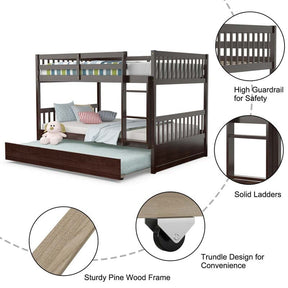 Full Over Full Bunk Bed with Trundle, Solid Wood Frame & Guardrails/Ladder, Space-Saving Bunk Bed for Adults Kids Teens, No Box Spring Needed