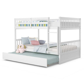 Full Over Full Bunk Bed with Trundle, Solid Wood Frame & Guardrails/Ladder, Space-Saving Bunk Bed for Adults Kids Teens, No Box Spring Needed
