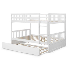 Full Over Full Bunk Bed with Trundle, Solid Wood Frame & Guardrails/Ladder, Space-Saving Bunk Bed for Adults Kids Teens, No Box Spring Needed