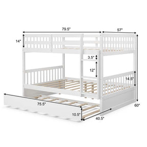 Full Over Full Bunk Bed with Trundle, Solid Wood Frame & Guardrails/Ladder, Space-Saving Bunk Bed for Adults Kids Teens, No Box Spring Needed