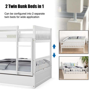 Full Over Full Bunk Bed with Trundle, Solid Wood Frame & Guardrails/Ladder, Space-Saving Bunk Bed for Adults Kids Teens, No Box Spring Needed