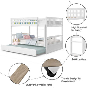 Full Over Full Bunk Bed with Trundle, Solid Wood Frame & Guardrails/Ladder, Space-Saving Bunk Bed for Adults Kids Teens, No Box Spring Needed