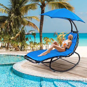 Full-Padded Hammock Chair Swing Patio Sun Lounger with Shade Canopy, Outdoor Chaise Lounge Hanging Chair for Pool Beach Deck