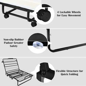 Portable Folding Bed with Mattress for Adults, Twin Size Rollaway Bed with 4" Memory Foam Mattress, 75" x 38" Foldable Guest Bed on Wheels