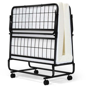 Portable Folding Bed with Mattress for Adults, Twin Size Rollaway Bed with 4" Memory Foam Mattress, 75" x 38" Foldable Guest Bed on Wheels