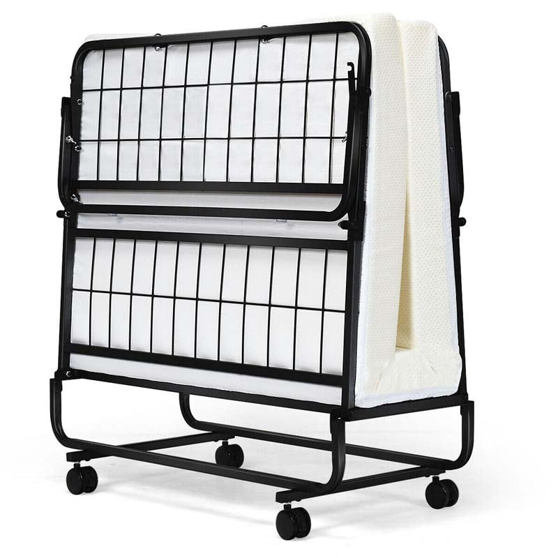 Portable Folding Bed with Mattress for Adults, Twin Size Rollaway Bed with 4" Memory Foam Mattress, 75" x 38" Foldable Guest Bed on Wheels