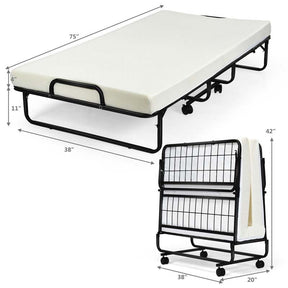 Portable Folding Bed with Mattress for Adults, Twin Size Rollaway Bed with 4" Memory Foam Mattress, 75" x 38" Foldable Guest Bed on Wheels