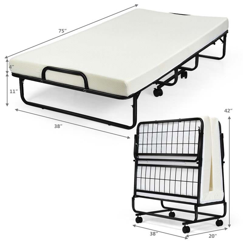 Portable Folding Bed with Mattress for Adults, Twin Size Rollaway Bed with 4" Memory Foam Mattress, 75" x 38" Foldable Guest Bed on Wheels