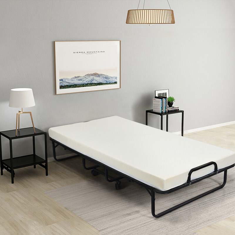Portable Folding Bed with Mattress for Adults, Twin Size Rollaway Bed with 4" Memory Foam Mattress, 75" x 38" Foldable Guest Bed on Wheels