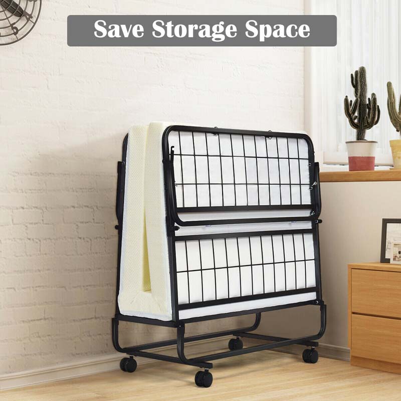 Portable Folding Bed with Mattress for Adults, Twin Size Rollaway Bed with 4" Memory Foam Mattress, 75" x 38" Foldable Guest Bed on Wheels