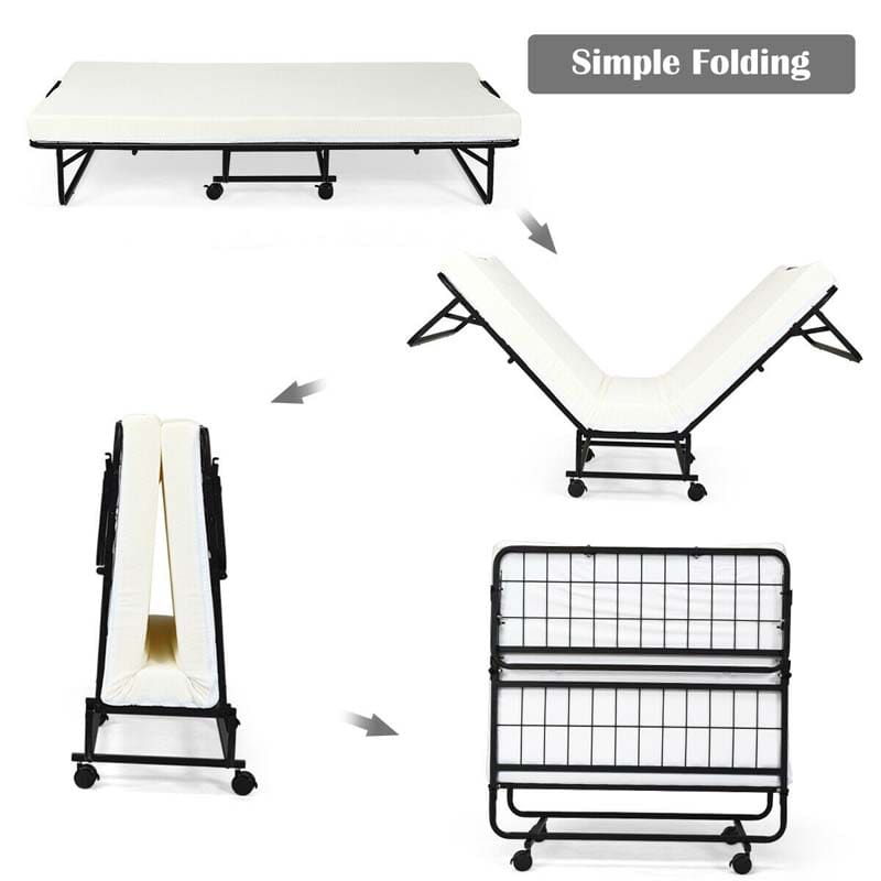 Portable Folding Bed with Mattress for Adults, Twin Size Rollaway Bed with 4" Memory Foam Mattress, 75" x 38" Foldable Guest Bed on Wheels