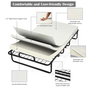 Portable Folding Bed with Mattress for Adults, Twin Size Rollaway Bed with 4" Memory Foam Mattress, 75" x 38" Foldable Guest Bed on Wheels